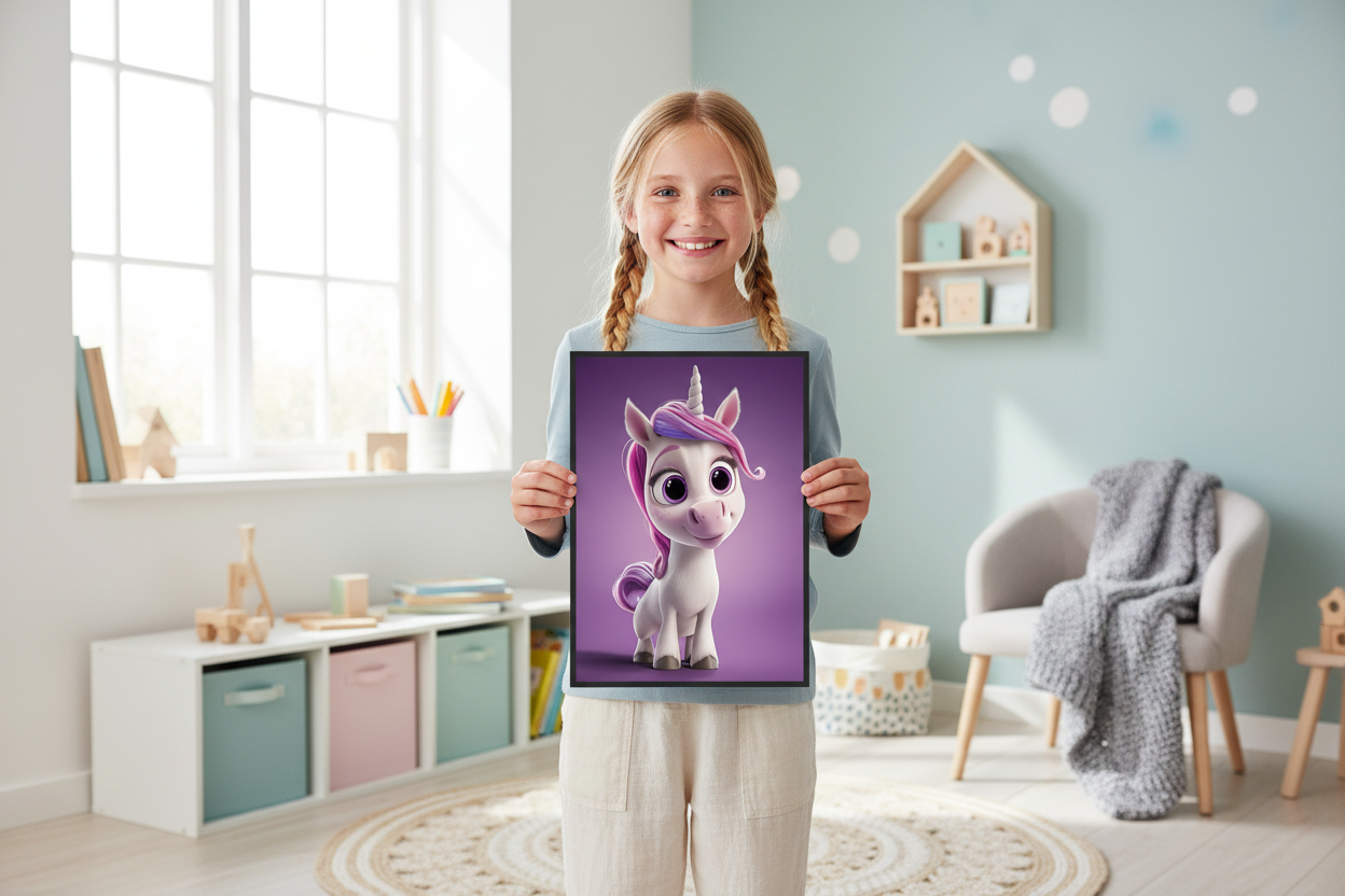 Pige holder enhjørning plakat