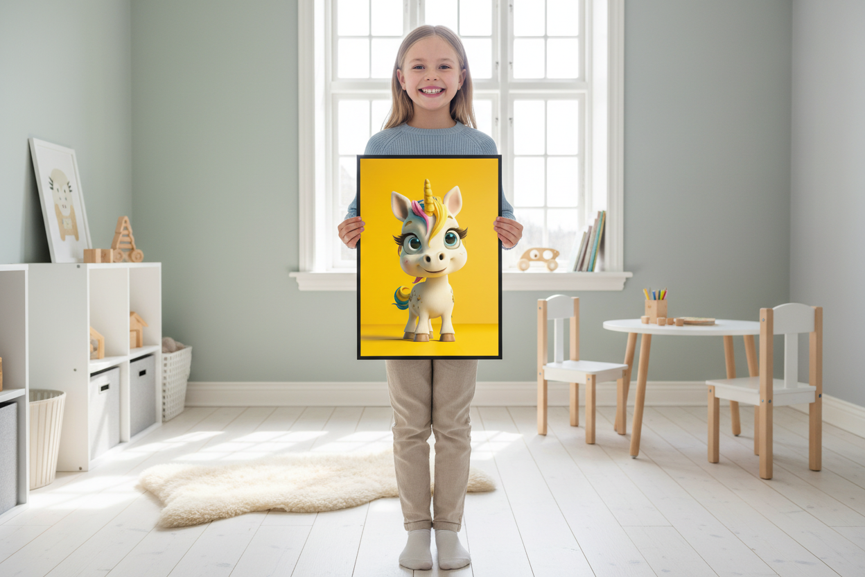 Pige holder enhjørning plakat