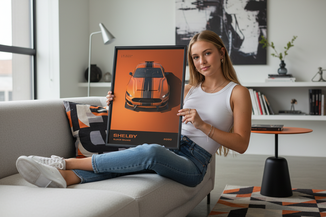 Shelby Super Snake plakat lifestyle liggende på sofa