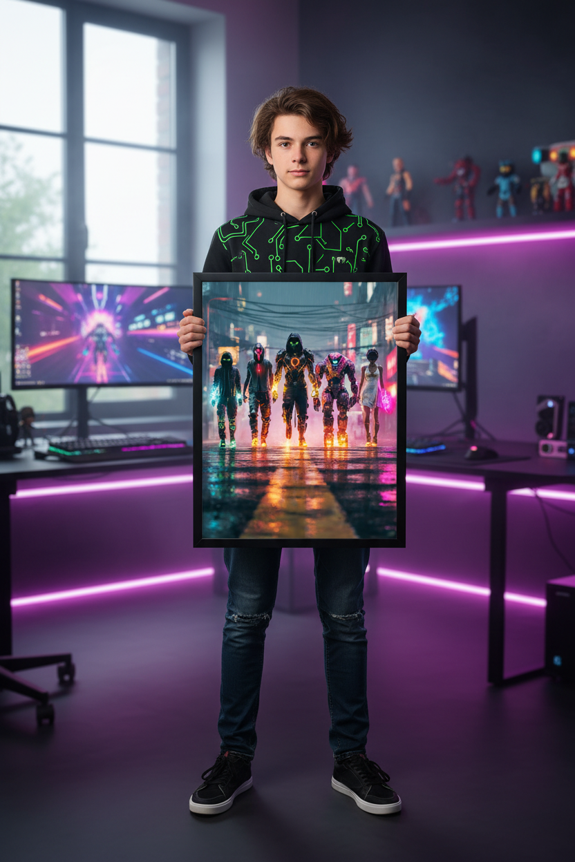 Teenager gamer holder indrammet gaming plakat 50x70 cm i gaming room