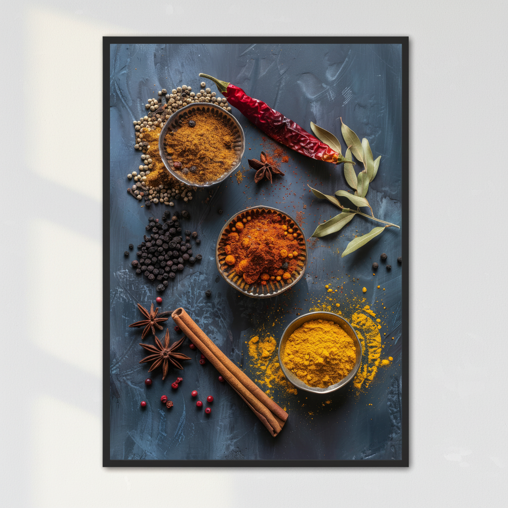 Krydderi Plakat 5 med en kunstnerisk illustration af krydderier og urter i varme jordtoner med rige røde, orange, gule og grønne nuancer. Et smagfuldt og stemningsfuldt køkkenmotiv der tilføjer varme og appetit til køkkenet eller spisestuen.